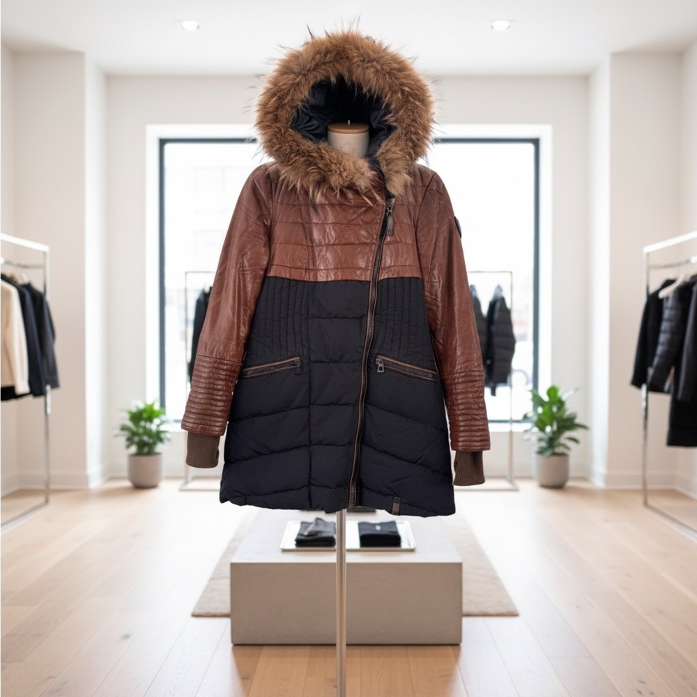 RUDSAK Navy and Brown Leather/Puffer Winter Jacket with Fur Trim